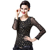 AOSBELL Damenmode Runde Kragen Mesh-Einbau Langarm-Shirt (Screen Color)