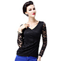 AOSBELL Frauen Kragen Loose Fit Langarm-Shirt Sexy Spitze V (Schwarz)