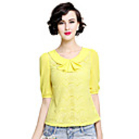 AOSBELL Frauen-Puppe-Kragen-Mid-Hülsen-Spitze angepasstes Hemd (gelb)