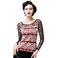 AOSBELL Frauen Round Kragen Mesh-Spitze Spleißen Ausgestattet Langarm-Shirt (Screen Color)
