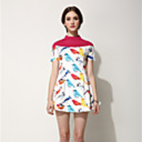 AOSIBAER Frauen Half-hoher Kragen-Pringting Vogel Kurzarm Kleid (Screen Color)