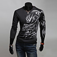 Aowofs Drachen-Shaped Pattern Rundhals Langarm-T-Shirt Slim-Schwarz