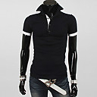 Aowofs Herren Revers Neck Solid Color Kurzarm-T-Shirt 7538 Schwarz