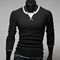 Aowofs HOT Männer Baumwoll Langarm-Korean Style Mode schlanke Pure Color Rundhals-T-Shirt (schwarz)