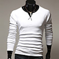 Aowofs HOT Männer Baumwoll Langarm-Korean Style Mode schlanke Pure Color Rundhals-T-Shirt (weiß)