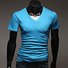 Aowofs HOT New Style Pure Color koreanischen Stil Kurzarm V-Ausschnitt T-Shirt (blau)