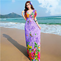 Aphrodite Frauen Bohemian Style Abnehmen mit V-Ausschnitt Blumendruck Kurzarm Maxi Kleid (lila)