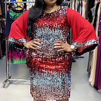 Übergrössen Damen A-Linie Kleid Knielanges Kleid 3/4 Ärmel Einfarbig Pailletten Winter Freizeit Baumwollmischung Schlank cm bis Zoll Groß und hoch