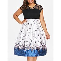 Übergrössen Damen A-Linie Kleid Knielanges Kleid Kurzarm Druck Spitze Frühling Sommer Retro Baumwollmischung Schlank cm bis Zoll Groß und hoch