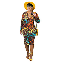 Übergrössen Damen A-Linie Kleid Knielanges Kleid Langarm Druck Druck Herbst Freizeit Baumwollmischung entspannte Passform cm bis Zoll Groß und hoch