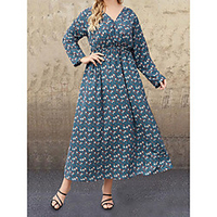 Übergrössen Damen A-Linie Kleid Maxikleid Langarm Blumen Druck Sommer Retro Chiffon Schlank cm bis Zoll Groß und hoch
