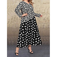 Übergrössen Damen A-Linie Kleid Maxikleid Langarm Blumen Patchwork Herbst Winter Freizeit Baumwollmischung Lose cm bis Zoll Groß und hoch