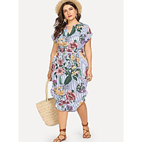 Übergrössen Damen A-Linie Kleid Midikleid Kurzarm Gestreift mit Schnürung Frühling Herbst Freizeit Baumwollmischung Schlank cm bis Zoll Groß und hoch