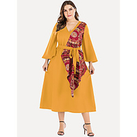 Übergrössen Damen A-Linie Kleid Midikleid Langarm Volltonfarbe mit Schnürung Frühling Sommer Retro Baumwollmischung Schlank cm bis Zoll Groß und hoch