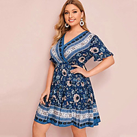 Übergrössen Damen A-Linie Kleid Minikleid Kurzarm Blumen Frühling Sommer Freizeit Baumwollmischung Schlank cm bis Zoll Groß und hoch