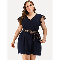 Übergrössen Damen A-Linie Kleid Minikleid Kurzarm Leopard Sommer Retro Baumwollmischung Schlank cm bis Zoll Groß und hoch