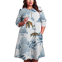Übergrössen Damen Etuikleid Knielanges Kleid 3/4 Ärmel Blumen Druck Frühling Freizeit 95% Polyester 5% Elasthan überdimensional cm bis Zoll Groß und hoch