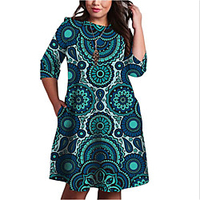 Übergrössen Damen Etuikleid Knielanges Kleid 3/4 Ärmel Blumen Druck Frühling Freizeit Baumwollmischung überdimensional cm bis Zoll Groß und hoch