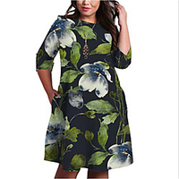 Übergrössen Damen Etuikleid Knielanges Kleid 3/4 Ärmel Blumen Druck Frühling Freizeit Baumwollmischung überdimensional cm bis Zoll Groß und hoch