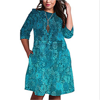 Übergrössen Damen Etuikleid Knielanges Kleid 3/4 Ärmel Blumen Druck Frühling Freizeit Baumwollmischung Regular cm bis Zoll Groß und hoch