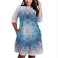Übergrössen Damen Etuikleid Knielanges Kleid 3/4 Ärmel Geometrisch Druck Frühling Freizeit Baumwollmischung Regular cm bis Zoll Groß und hoch