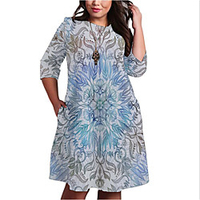 Übergrössen Damen Etuikleid Knielanges Kleid 3/4 Ärmel Geometrisch Druck Frühling Freizeit Baumwollmischung Regular cm bis Zoll Groß und hoch