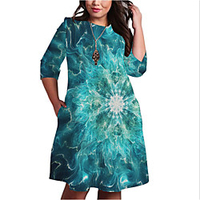 Übergrössen Damen Etuikleid Knielanges Kleid 3/4 Ärmel Geometrisch Druck Frühling Freizeit Baumwollmischung Regular cm bis Zoll Groß und hoch
