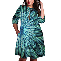 Übergrössen Damen Etuikleid Knielanges Kleid 3/4 Ärmel Geometrisch Druck Frühling Freizeit Baumwollmischung Regular cm bis Zoll Groß und hoch