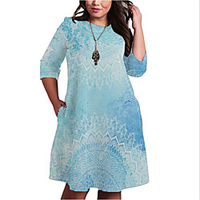 Übergrössen Damen Etuikleid Knielanges Kleid 3/4 Ärmel Geometrisch Druck Frühling Freizeit Baumwollmischung Regular cm bis Zoll Groß und hoch