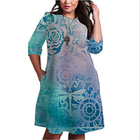 Übergrössen Damen Etuikleid Knielanges Kleid 3/4 Ärmel Geometrisch Druck Frühling Freizeit Baumwollmischung Regular cm bis Zoll Groß und hoch