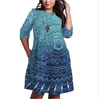 Übergrössen Damen Etuikleid Knielanges Kleid 3/4 Ärmel Geometrisch Druck Frühling Freizeit Baumwollmischung Regular cm bis Zoll Groß und hoch
