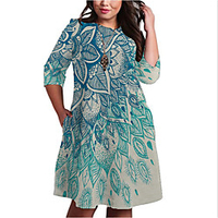 Übergrössen Damen Etuikleid Knielanges Kleid 3/4 Ärmel Geometrisch Druck Frühling Freizeit Baumwollmischung Regular cm bis Zoll Groß und hoch