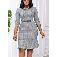 Übergrössen Damen Etuikleid Knielanges Kleid Halbe Ärmel Hahnentrittmuster Gerüscht Frühling Retro Baumwollmischung Schlank cm bis Zoll Groß und hoch