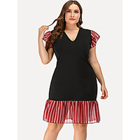 Übergrössen Damen Etuikleid Knielanges Kleid Kurzarm Gestreift Druck Sommer Retro Baumwollmischung Schlank cm bis Zoll Groß und hoch