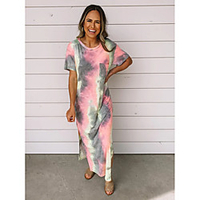 Übergrössen Damen Etuikleid Maxikleid Kurzarm Farbverläufe Gespleisst Frühling Sommer Freizeit Baumwollmischung Lose cm bis Zoll Groß und hoch