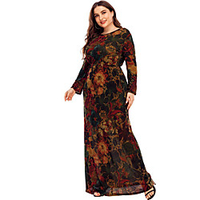 Übergrössen Damen Etuikleid Maxikleid Langarm Blumen Druck Frühling Sommer Retro Baumwollmischung Schlank cm bis Zoll Groß und hoch