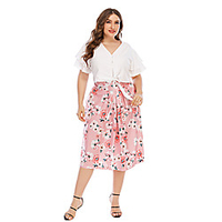 Übergrössen Damen Etuikleid Midikleid Kurzarm Blumen mit Schnürung Frühling Sommer Freizeit Aufflackern-Hülsen- Polyester / Baumwolle Schlank cm bis Zoll Groß und hoch