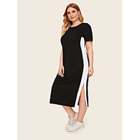 Übergrössen Damen Etuikleid Midikleid Kurzarm Einfarbig Gespleisst Sommer Freizeit Baumwollmischung Regular cm bis Zoll Groß und hoch