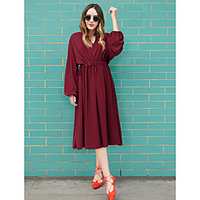 Übergrössen Damen Etuikleid Midikleid Langarm Volltonfarbe Gerüscht Frühling Herbst Freizeit Acryl Schlank cm bis Zoll Groß und hoch