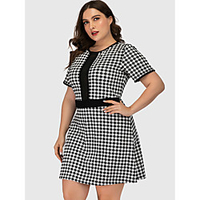 Übergrössen Damen Etuikleid Minikleid Kurzarm Schachbrett Druck Sommer Retro Baumwollmischung Schlank cm bis Zoll Groß und hoch