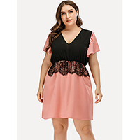 Übergrössen Damen Kleider aus Chiffon Minikleid Kurzarm Einfarbig Spitze Frühling Herbst Freizeit Chiffon Lose cm bis Zoll Groß und hoch