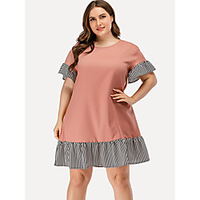 Übergrössen Damen Swing Kleid Knielanges Kleid Kurzarm Gestreift Patchwork Frühling Herbst Freizeit Baumwollmischung Lose cm bis Zoll Groß und hoch