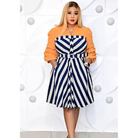 Übergrössen Damen Swing Kleid Knielanges Kleid Langarm Gestreift Druck Frühling Sommer Retro Baumwollmischung Lose cm bis Zoll Groß und hoch