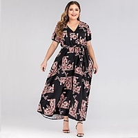 Übergrössen Damen Swing Kleid Maxikleid Kurzarm Druck mit Schnürung Frühling Sommer Freizeit Kaninchen-Pelz Schlank cm bis Zoll Groß und hoch