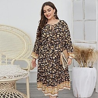 Übergrössen Damen Swing Kleid Midikleid Langarm Druck mit Schnürung Frühling Sommer Freizeit Polyester / Baumwolle Lose cm bis Zoll Groß und hoch