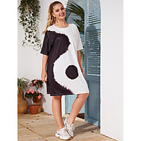 Übergrössen Damen T-Shirt Kleid Knielanges Kleid Kurzarm Einfarbig Druck Frühling Herbst Freizeit Lantern Sleeve Polyester / Baumwolle Lose cm bis Zoll Groß und hoch