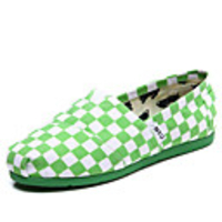 C N Frauen grünem und weißem Karo-Muster Leinen Wohnungen Bootsschuhe Loafers