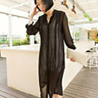 Caelyn Frauen Gestellte Sleeve Chiffon Cardigan Schwarzes T-Shirt