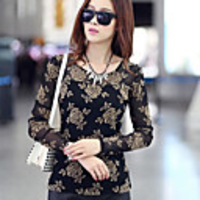 Caelyn Frauen Mesh-Rosen-Druck Schwarzes T-Shirt