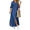 Damen Etuikleid Maxikleid Denim Blue Schwarzer Druck Langarm Volltonfarbe Gespleisst Frühling Sommer Hemdkragen Stilvoll Alltag Modern 2022 S M L XL 2XL Lightinthebox